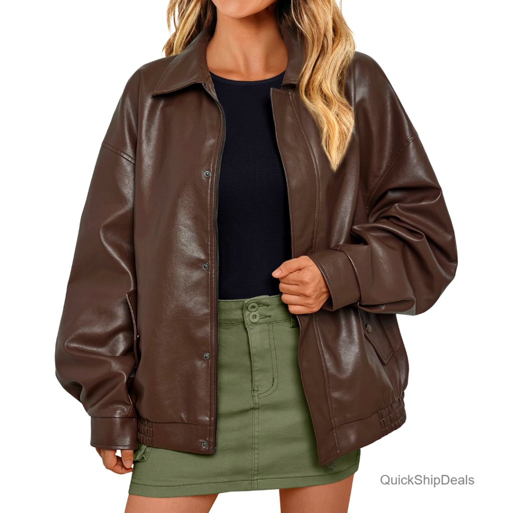 Oversized Faux Leather Motorcycle Jacket, Zip Up Blazer, Long Sleeve